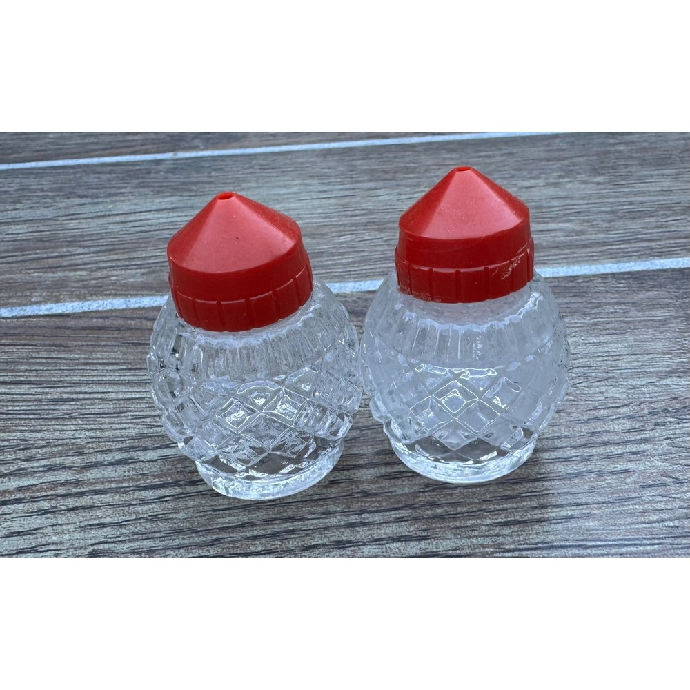 Vintage Mini Glass Salt and Pepper Shakers Red Lids Made in USA Diamond Cut 2pc